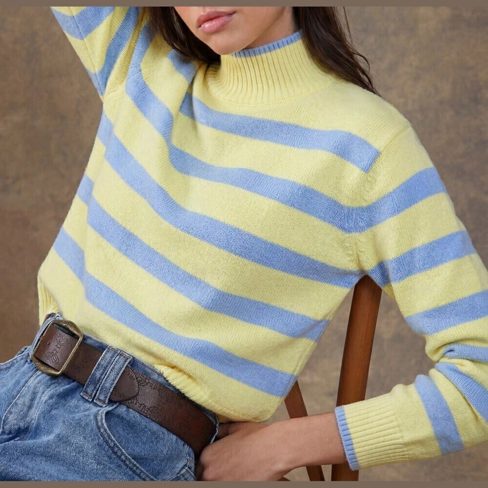 Yellow Blue Striped Ribbed High Turtle Collar Knit Sweater